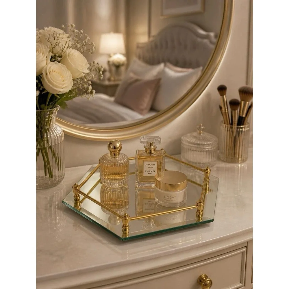 Hexagon Beveled Mirrored Vanity Tray Brass Tone Rail VTG Hollywood Regency 12